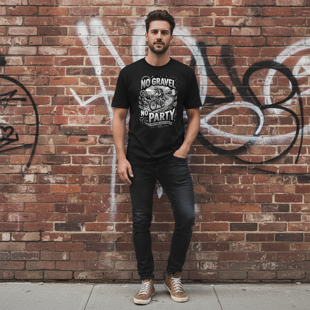 No Gravel No Party black performance tee worn by rugged cyclist in urban street setting