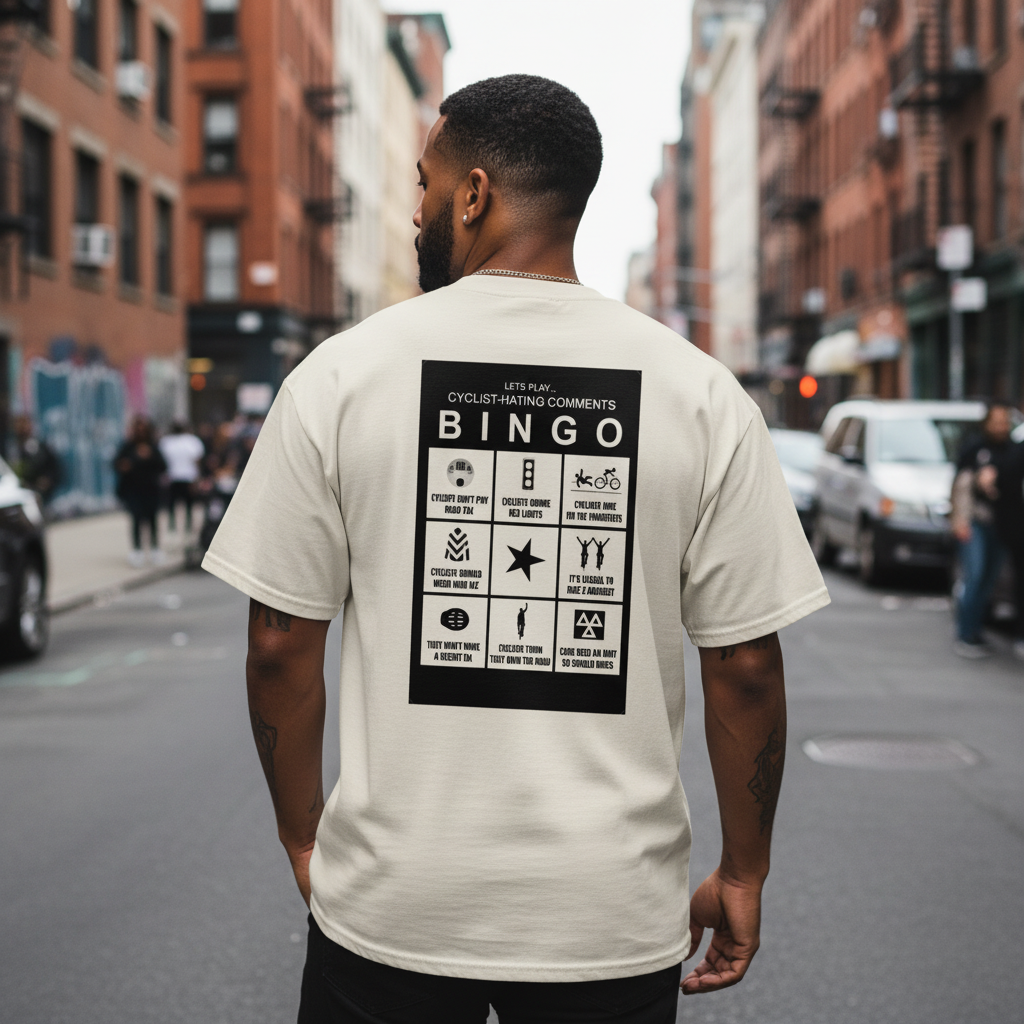Cycling Bingo cream unisex cotton tee showing back graphic in urban street setting