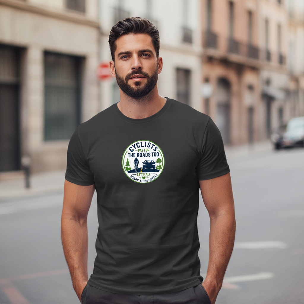 Cyclists Pay for the Roads Too performance short sleeve tee worn in urban street setting