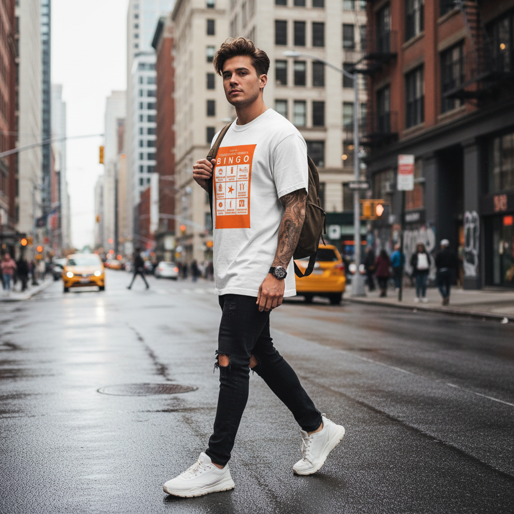 Sorona quick-dry tee with orange Cycling Bingo back graphic worn in urban street setting